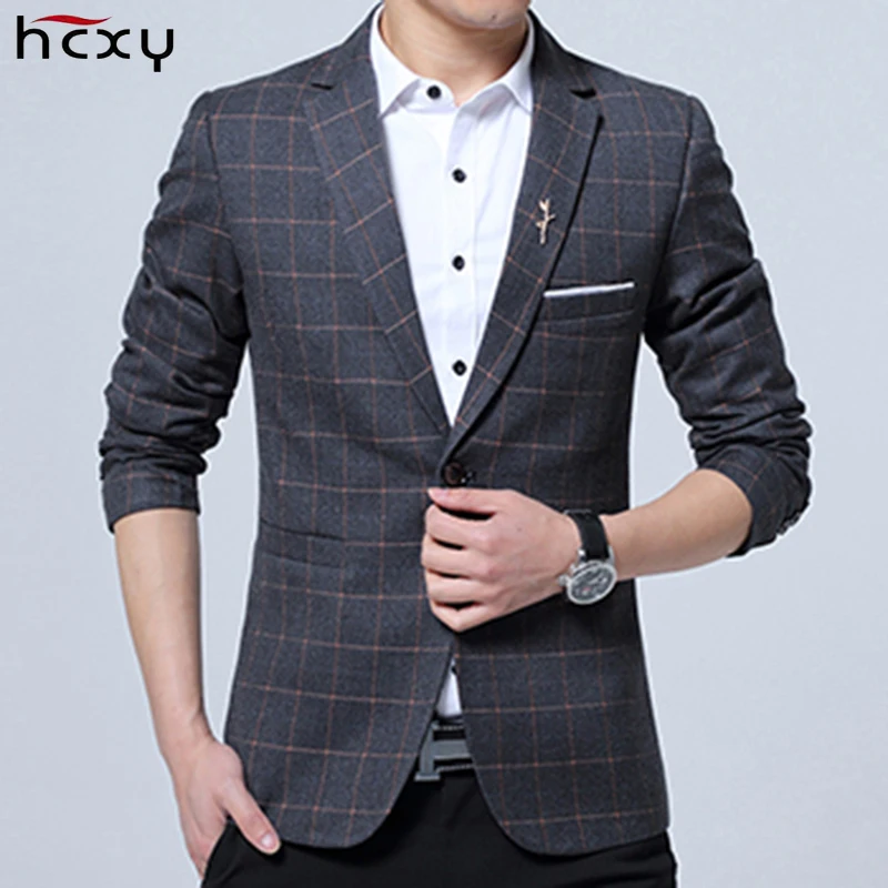 HCXY 2017 New lattice Men's Casual Suit Jacket Men Fit Slim Blazers jacket coat high-quality male jackets | Мужская одежда