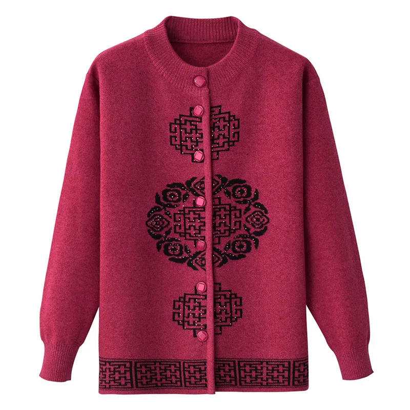 Middle-aged Women's Autumn Winter Knitwear Sweater Coat Print O neck Loose Warm Large size Grandma Cardigan jackets 5XL |