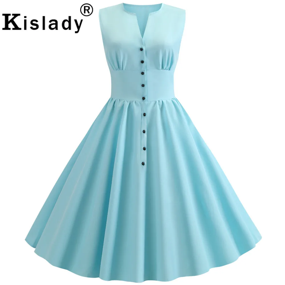 Summer Women's Button Vintage Dress 50s Sweet Casual Sleeveless Swing Retro Rockabilly Slim Party Yellow Robe Femme | Женская одежда