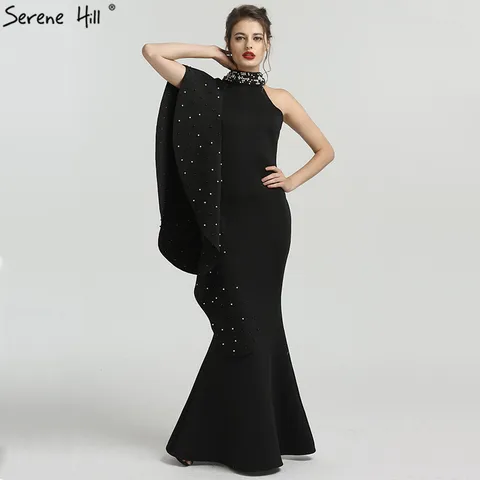 Новейший дизайн, черные вечерние платья русалки с высоким воротником 2024, Элегантное Длинное официальное платье без рукавов с жемчугом Serene Hill QA8024