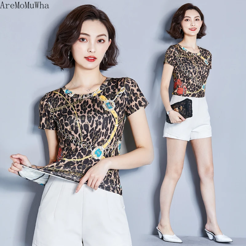 AreMoMuWha 2019 New Female Summer Fashion Print Leopard T-shirt Short-sleeved Slim Slimming Half-sleeved Shirt234 | Женская одежда