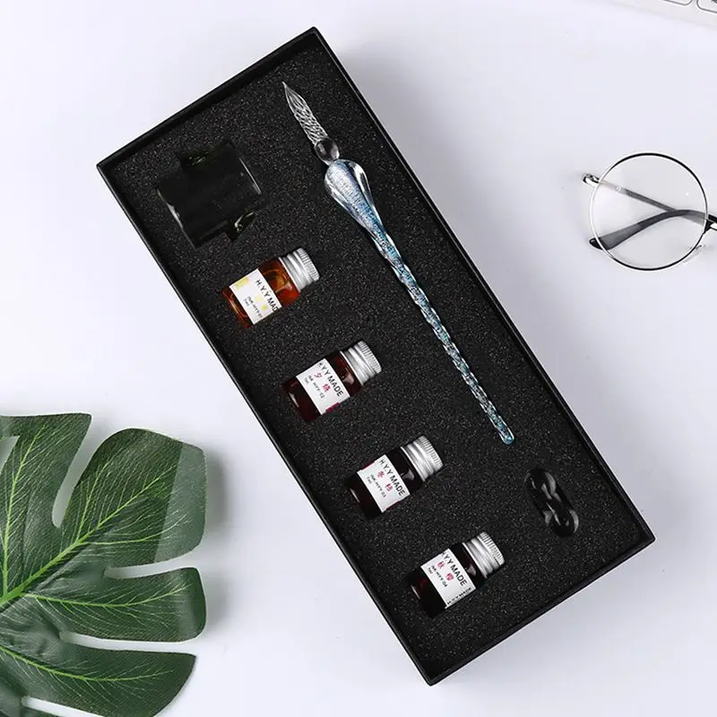 Vintage Crystal Glass Dip Pen Set Non-carbon Gold Ink Fountain Signature Calligraphy Pen Writing Tools Stationery Gift - Цвет: Big set design  5