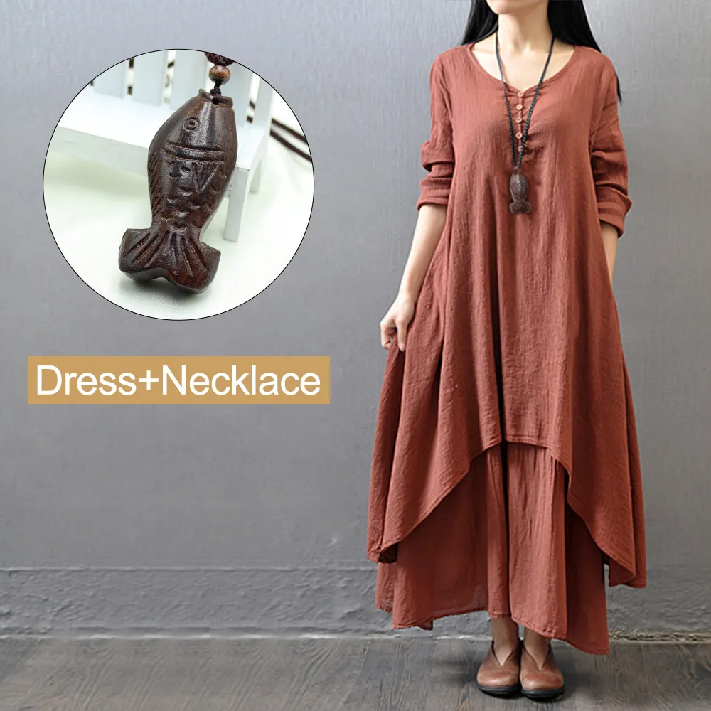 RedDress Necklace Весенне-летнее женское длинное хлопковое льняное платье белого размера плюс, имитация двух частей, Платье макси с круглым вырезом, офисное повседневное свободное платье - Цвет: RedDress Necklace