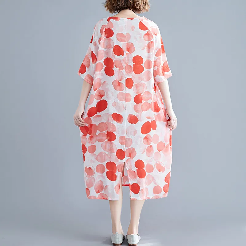 Хлопковое льняное винтажное платье в горошек размера плюс женское повседневное