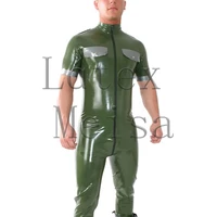 army green mens zentail latex jumpsuit decorative with chest pockets and attached front zip to back waist