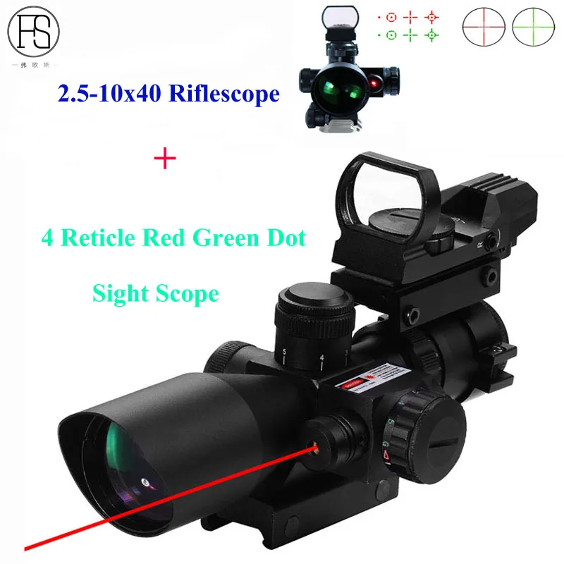 

Тактический прицел 2,5-10x40, оптический прицел для охотничьей винтовки с красной точкой, лазерный прицел + 4 сетки, красный и зеленый точечный п...