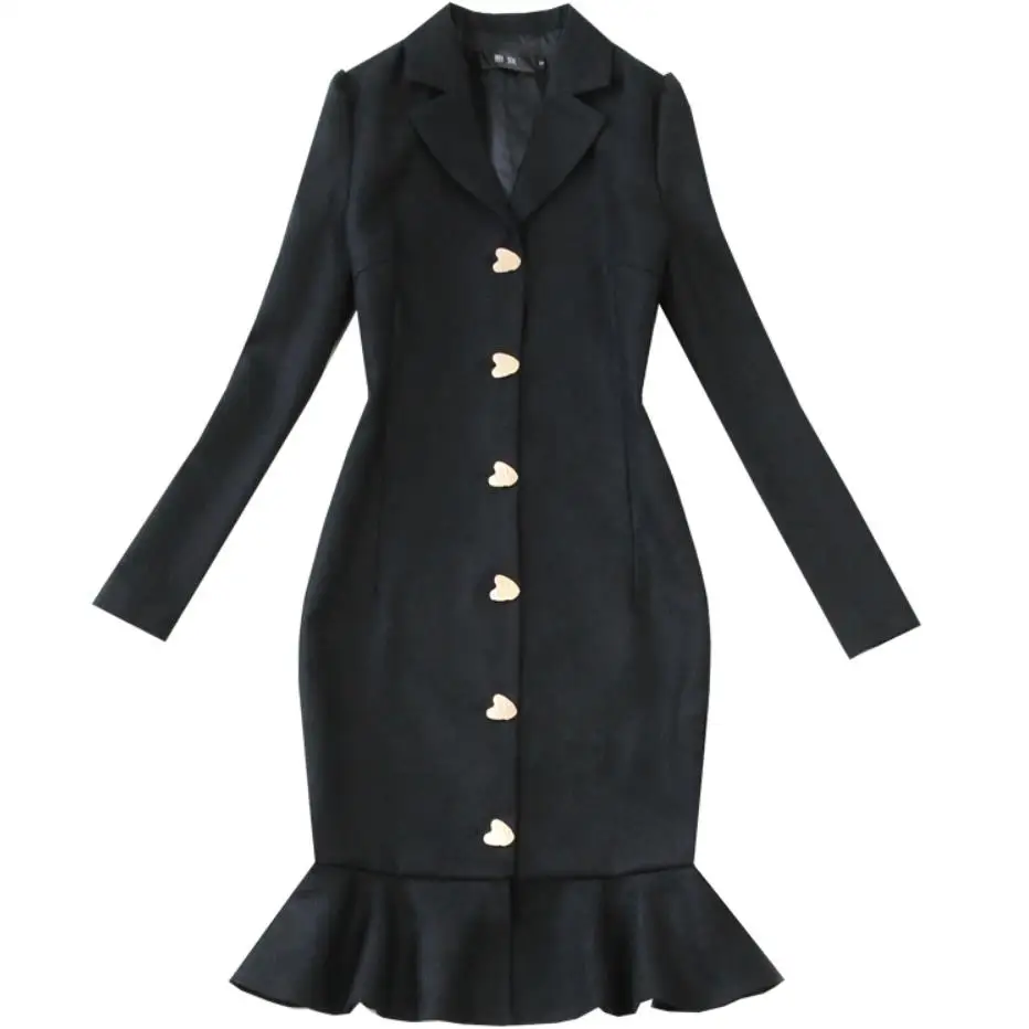 

winter black woolen dress thick long-sleeved single breasted notched collar slim mermaid dress office lady