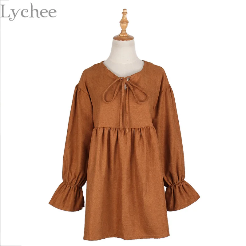 Женское вельветовое платье с рукавами фонариками на завязках|mori girl|women dress lacedress