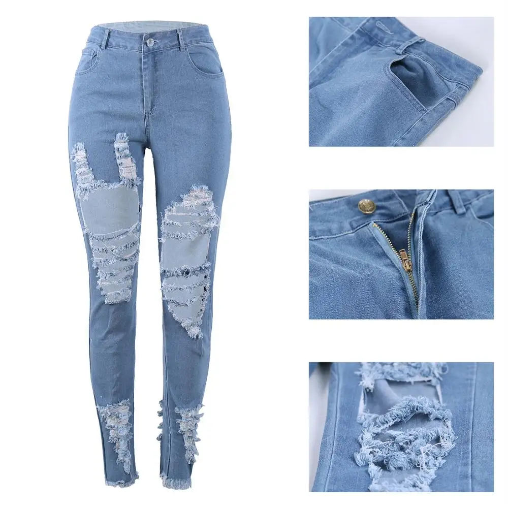 

Skinny Jeans Denim with High Waist Ripped Jeans Pants Women 2 Choices F0340 with Hollow Outs