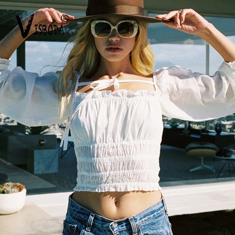 Для женщин Flare белая блузка с длинным рукавом рубашка на шнуровке вырезом