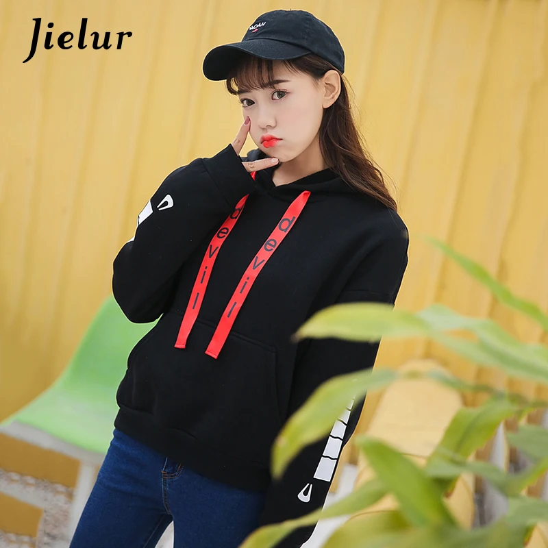 Jielur Весна Новый KPOP свободные Флисовые толстовки для Для женщин Письмо лента с