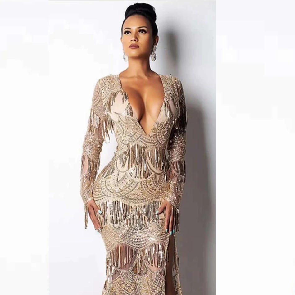Модное бежевое Сетчатое элегантное сексуальное платье с кисточками и v образным