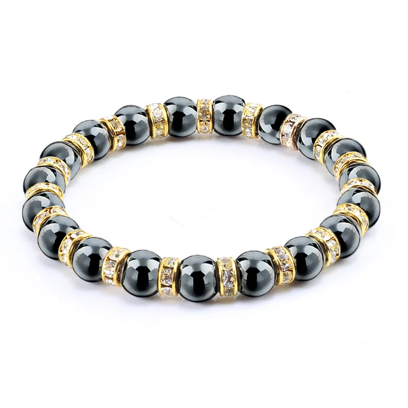 White Rhinestone Мужские браслеты с натуральным камнем, очаровательные женские браслеты из гематита, хрустальные бусины, браслеты для пары, эластичные энергетические ювелирные изделия - Окраска металла: White Rhinestone