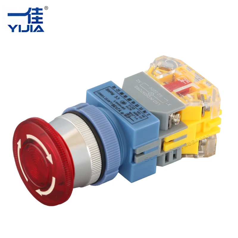 Silver contact 30mm LED Maintained illuminated emergency Mushroom Cap Push Self Locking latching Button light Switch LAY37-11ZSD |