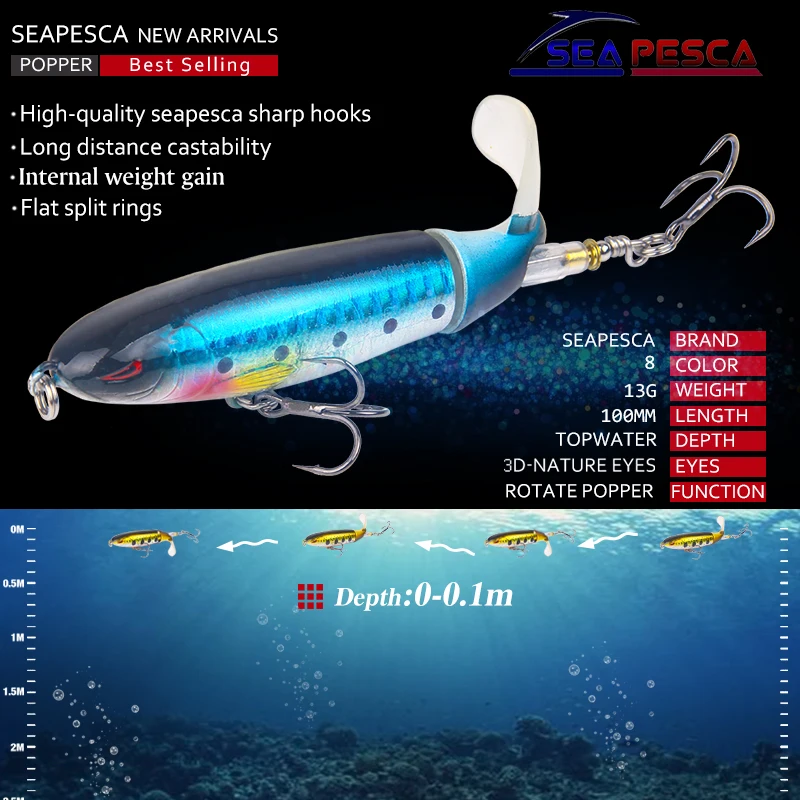 Блесна seapesca рыболовная приманка 100 мм 13 2 г Вращающиеся воблеры Topwater Swim Popper