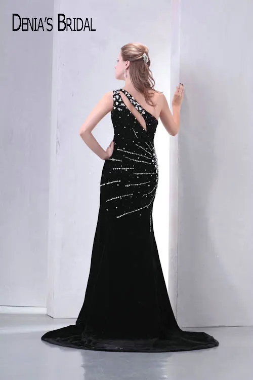 Real Photos Black One Shoulder Keyhole A-Line Evening Dresses Beaded Sweep Train Floor-Length Long Prom Gowns | Свадьбы и торжества