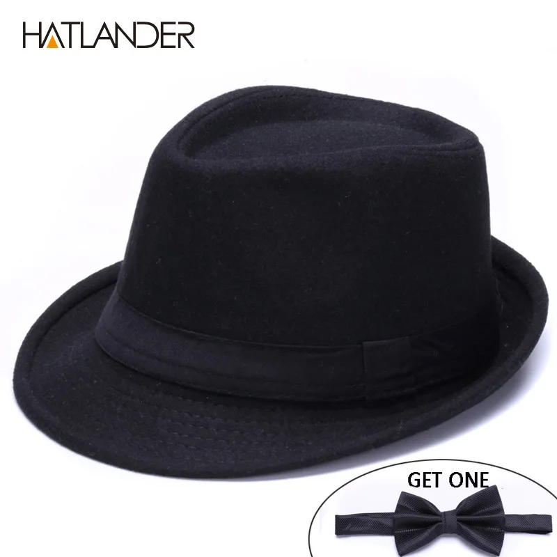 Black HATLANDER Классические однотонные Мужские фетровые шляпы для папы, для джентльмена, шерстяная джазовая церковная Кепка, женская мужская фетровая зимняя фетровая Кепка billycock - Цвет: Black