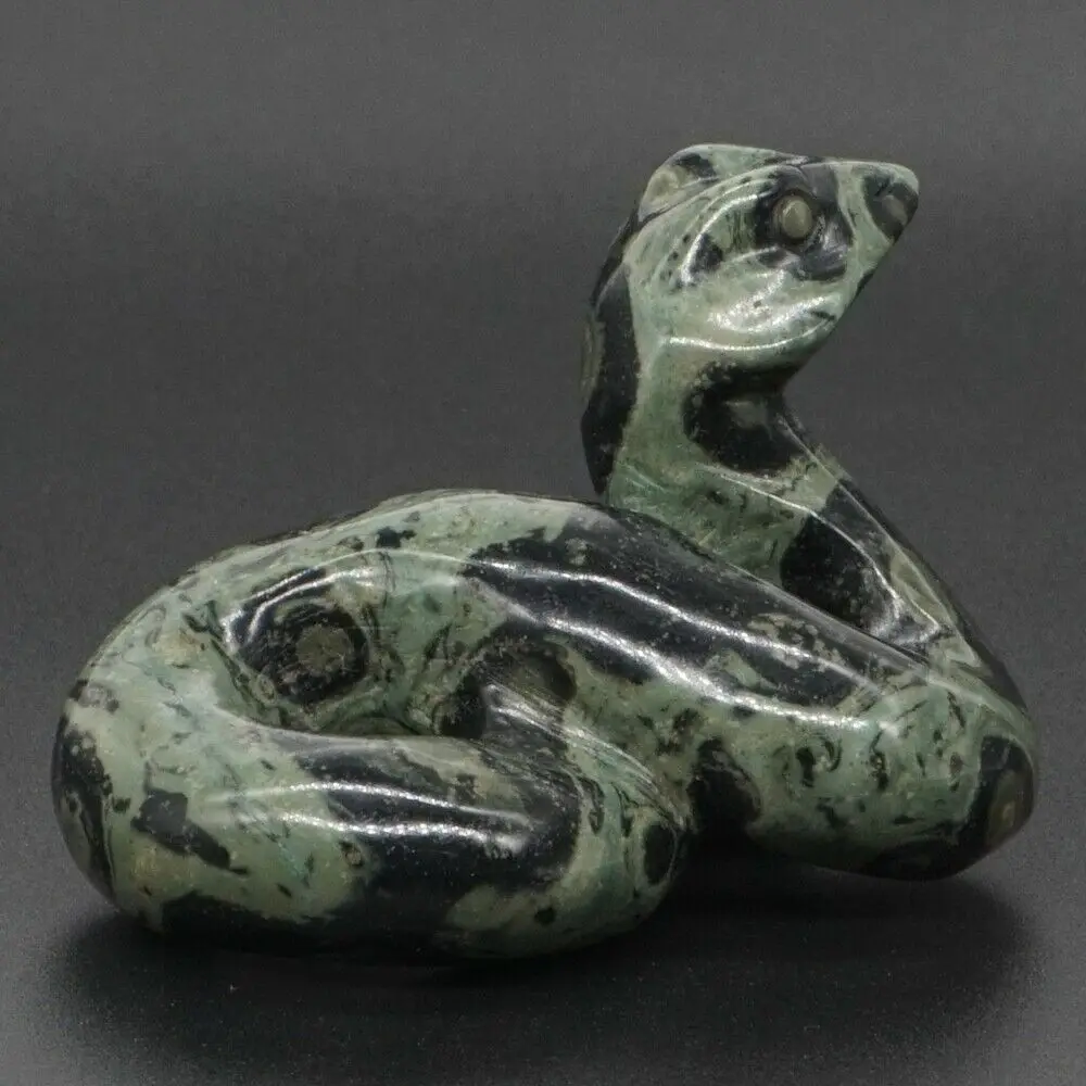 2" Snake Statue Natural Gemstone Green Kambaba Jasper Carved Craft Reiki Figurine Home Decor