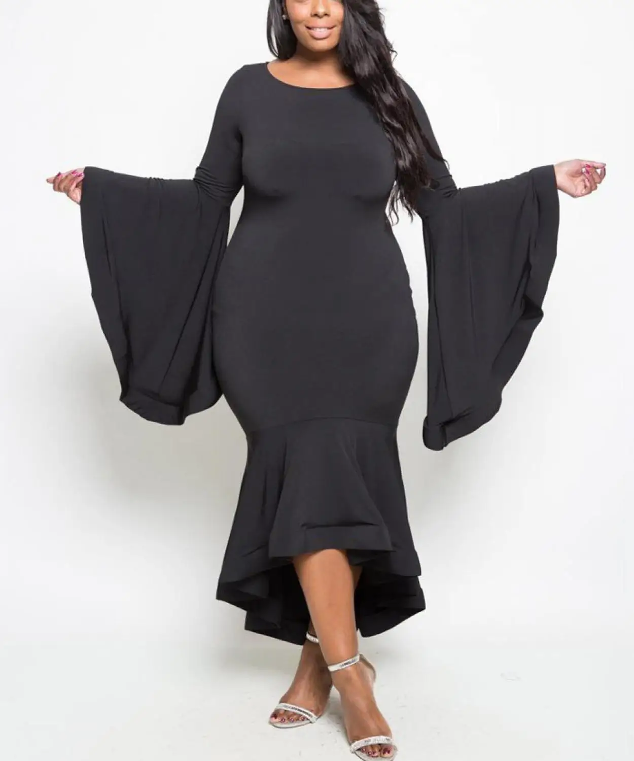 Новое платье размера плюс 2XL 3XL, красное платье-футляр с расклешенными рукавами, Женская Новая мода, с круглым вырезом, длиной до лодыжки, облегающее вечернее платье, vestidos, большой размер - Цвет: Black