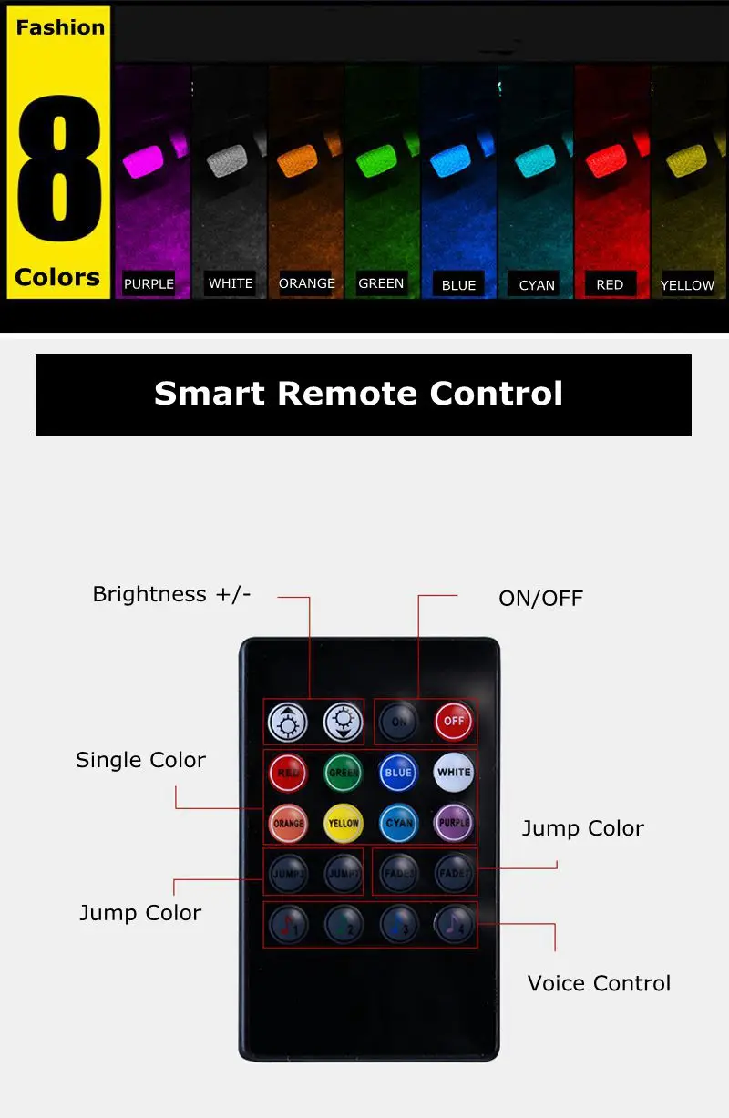 4 шт. 12 Светодиодный светильник RGB для автомобиля с пультом дистанционного управления и голосовым управлением 48 Светодиодный декоративный атмосферный светильник 8 цветов автомобильный интерьерный светильник