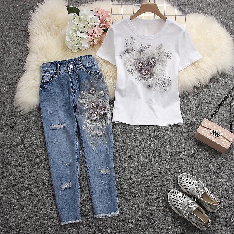 ALPHALMODA женские футболки с коротким рукавом джинсы тяжелая работа 3D Цветочные