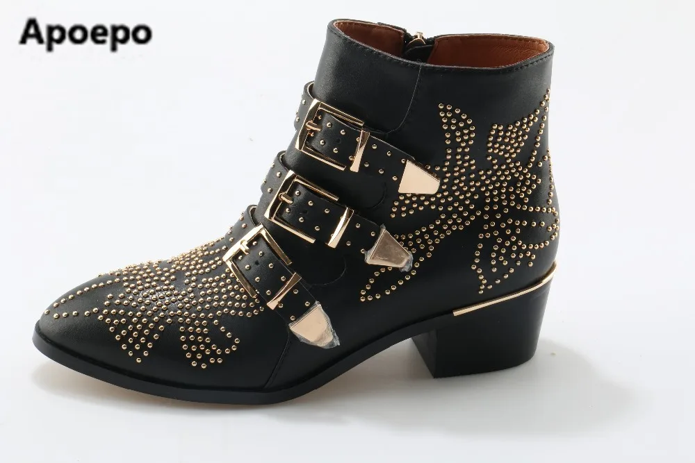 

New Leather Rivets Booties Buckle Straps Thick Heel Black Ankle Boots Studded Decorated Motorcycle Boots Woman Riding boots