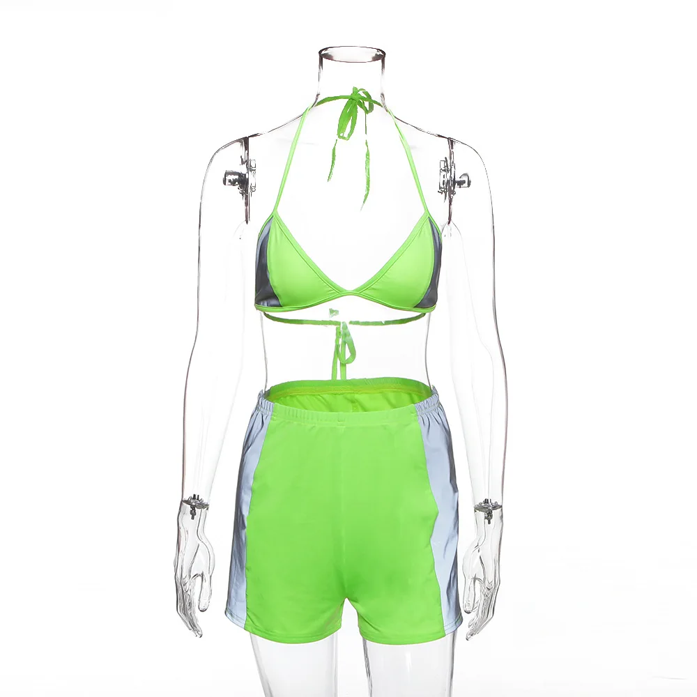 

V-neck Halter Backless Camis Shorts 2 Pieces Set Reflective Patchwork Women Fashion Club Party Female Sets 2019 Summer