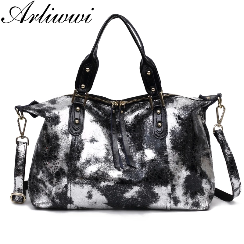 

Arliwwi Brand Luxury Quality Metallic Gold Silver Real Leather Large Totes For Lady Top Designer Paneled Shiny Bags Fashion