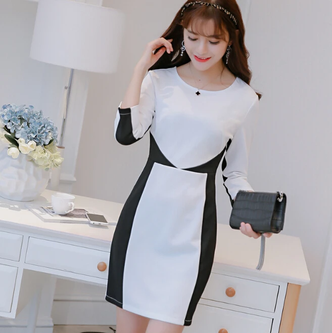 Демисезонное платье женская одежда лоскутное Bodycon показать тонкие милое белое