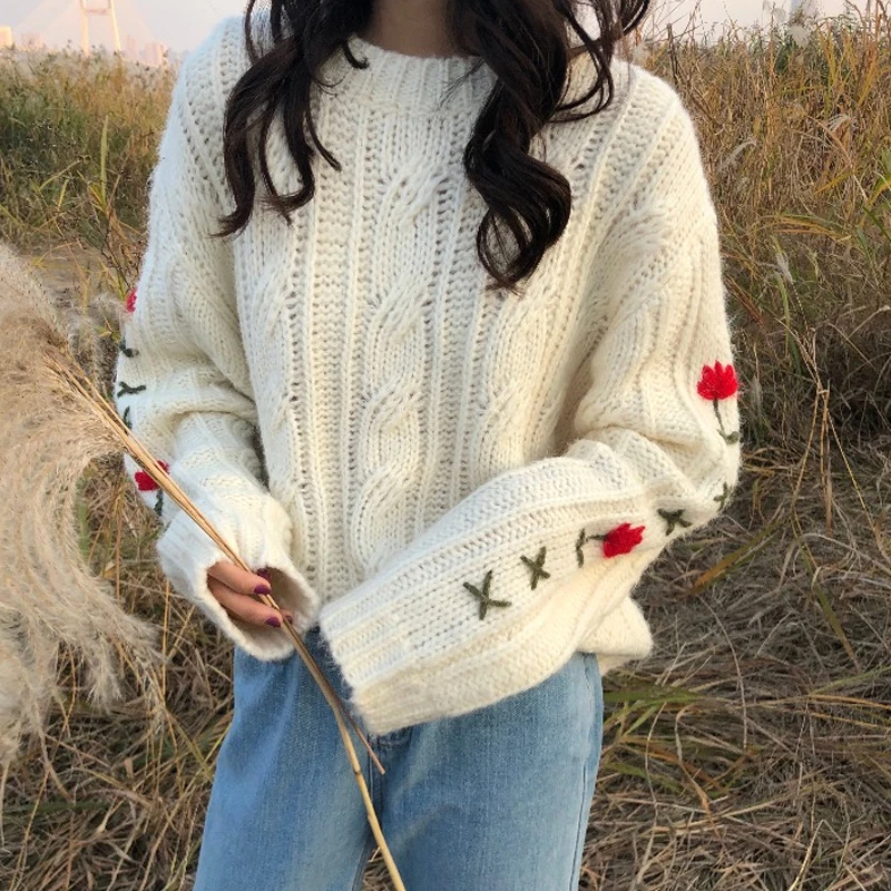 pull hiver femme 2018 fall wianter fashion harajuku long sleeve tops knitted Embroidery flowers chandail oversized sweater | Женская