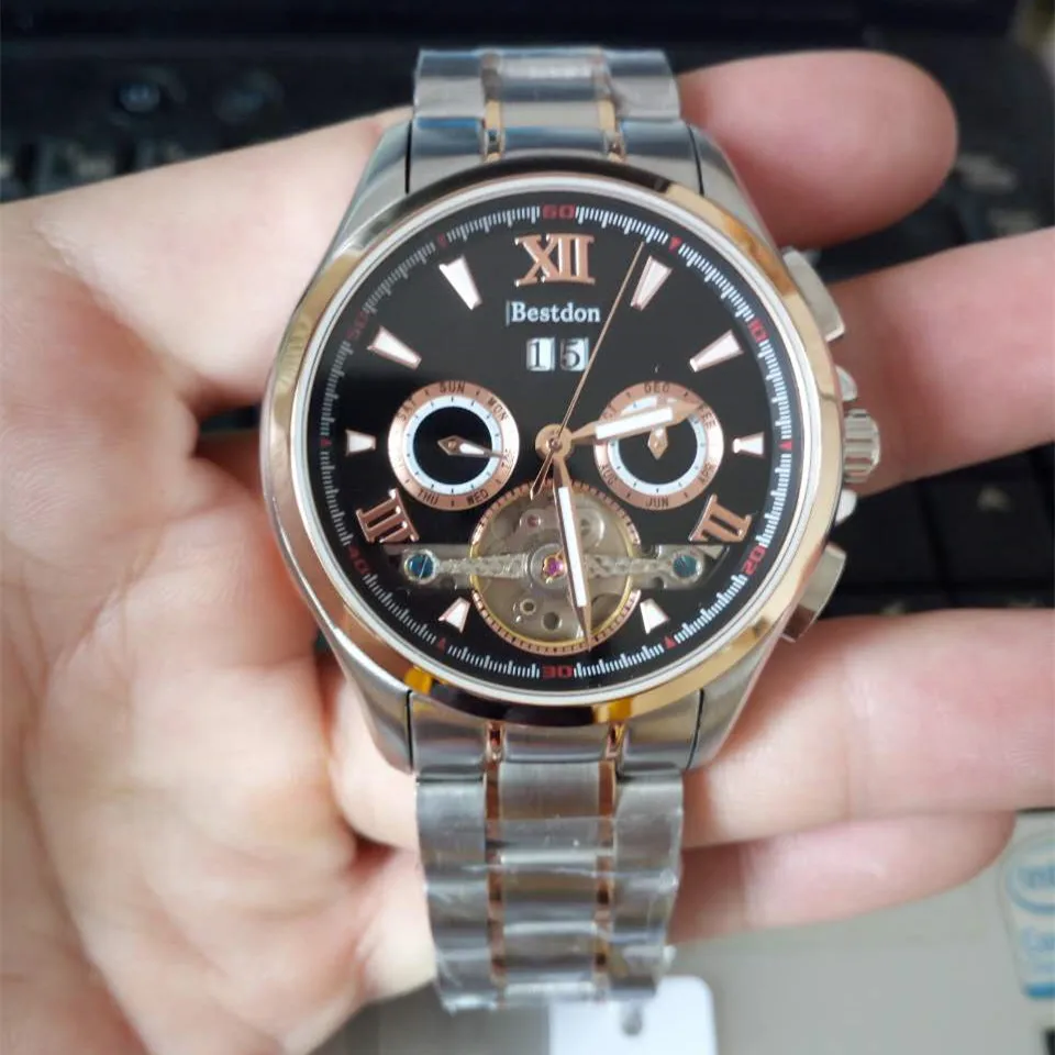 2017 Bestdon Skeleton Tourbillon механические часы автоматические мужские розовые золотые