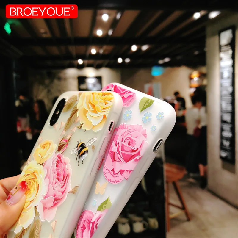 BROEYOUE Цветочные чехол для iPhone 6 S Plus 7 8 X 3D мягкий рельеф ТПУ Цветок Окрашенные 5 5S SE