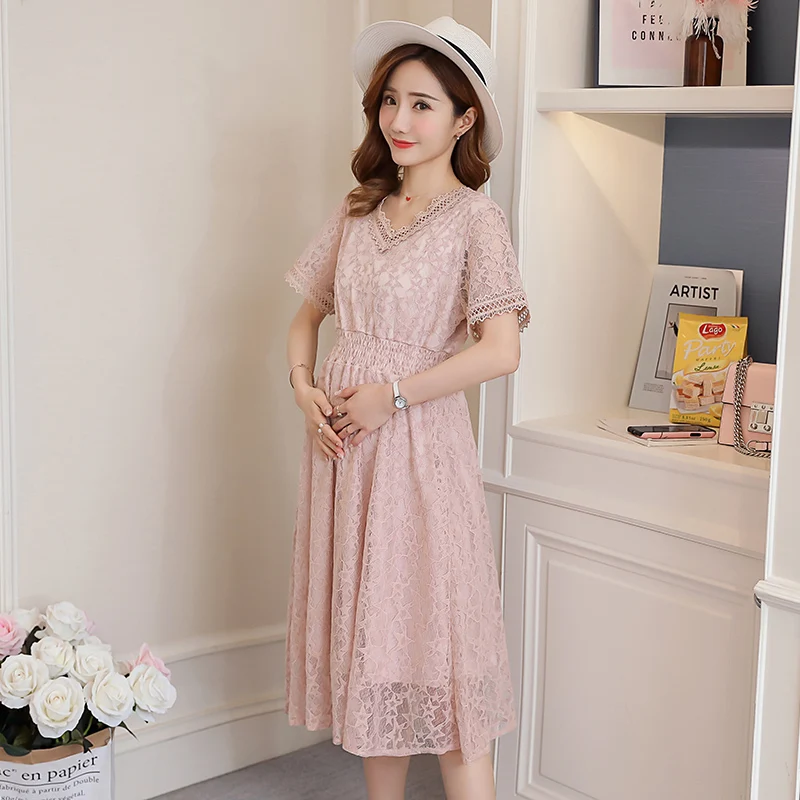 2019 New Brand Summer Maternity Dress Woman V-Neck Lace Large Size Pregnant Clothing MD-00793 | Мать и ребенок