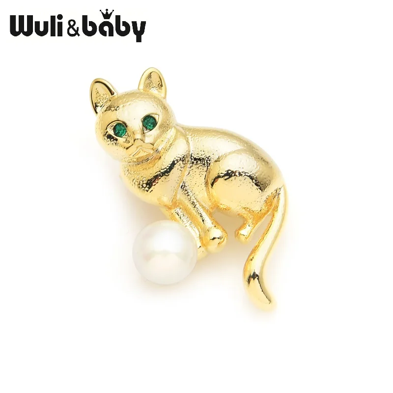 Wuli& baby, золотой цвет, имитация жемчуга, зеленые глаза, броши-кошки для женщин и мужчин, брошь в виде животного, булавки для новогодних подарков
