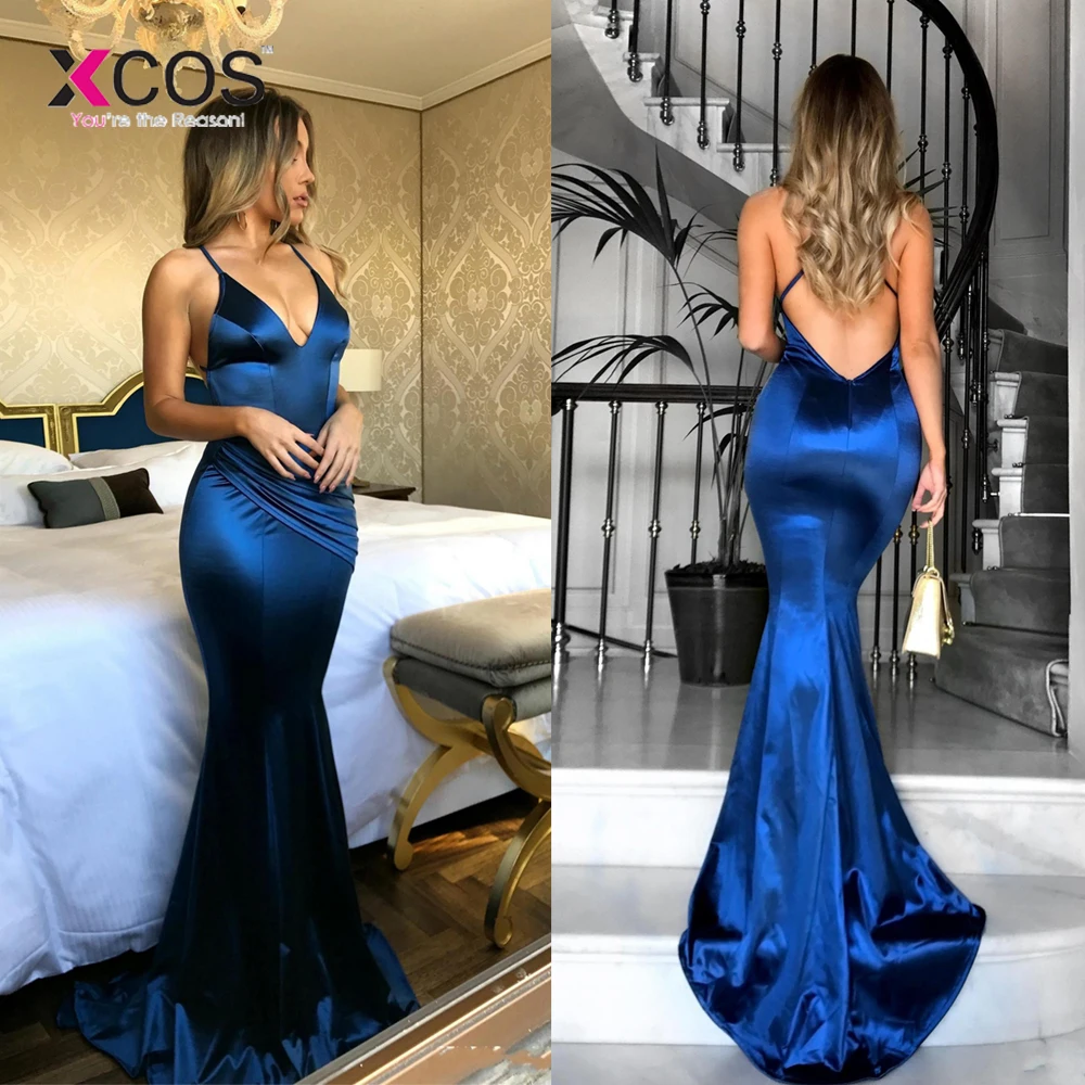 Sexy Mermaid Prom Long Elegant Dresses vestidos de fiesta Open Back V-Neck Spaghetti Straps Satin Dress 2018 | Свадьбы и торжества