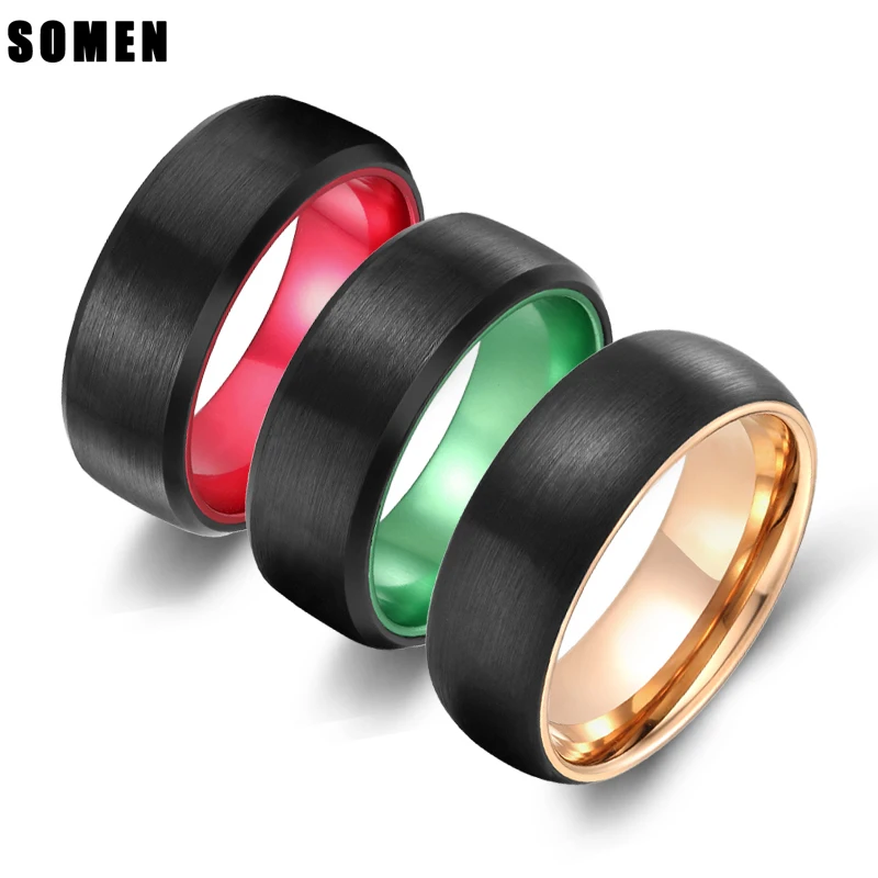 

8MM Men Tungsten Carbide Ring Brushed Design Green /Red / Rose Gold/ Inlay Romantic Wedding Band Engagement Rings bague homme