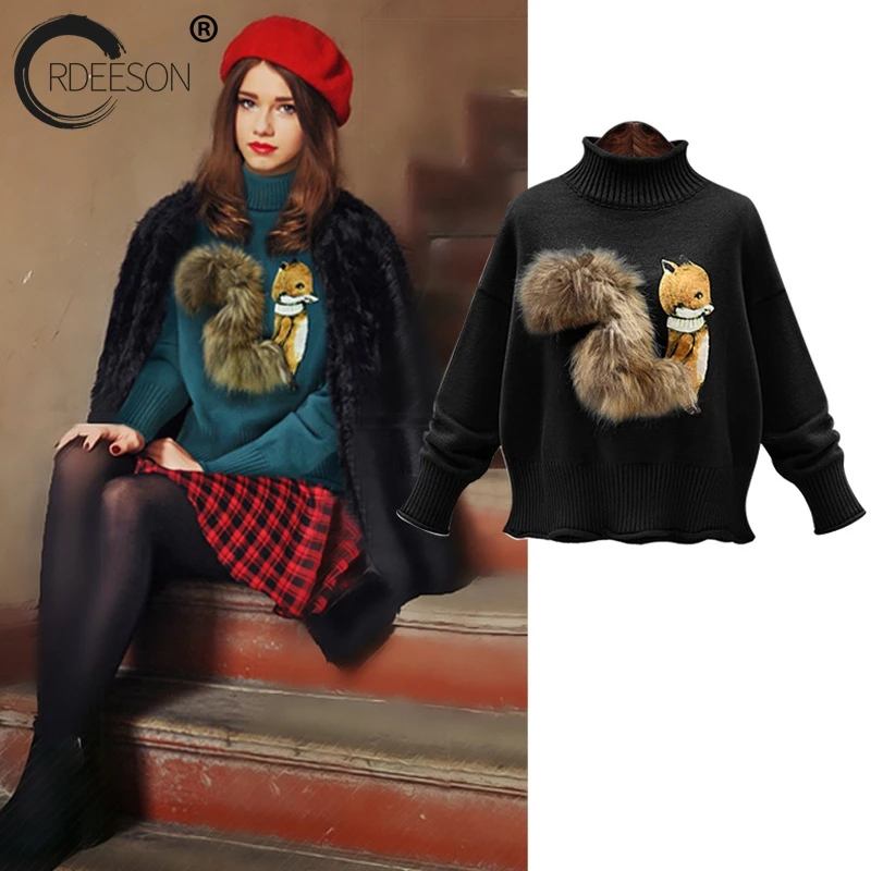 ORDEESON 3D Fox Fur Embroidery Vintage Turtleneck Fall 2017 Fashion Winter Women Sweaters and Pullovers Jumper Knitted Sweater | Женская