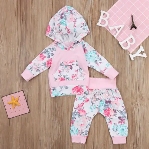 adorable Newborn Infant Baby Girls clothes long sleeve floral Hooded hoodie belt Pants Leggings autumn Outfits Set for baby | Мать и