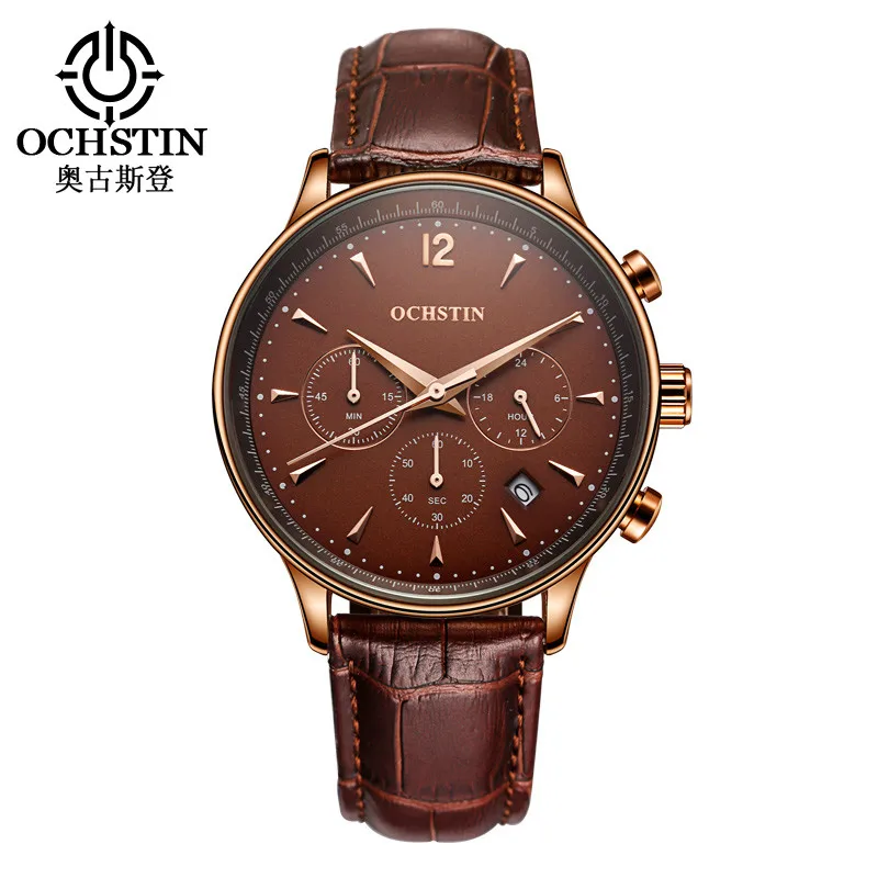 

OCHSTIN Business Watches Men Top Brand Waterproof Chronograph Brown Leather Strap Quartz Wristwatch Male Relogios Masculino 2018