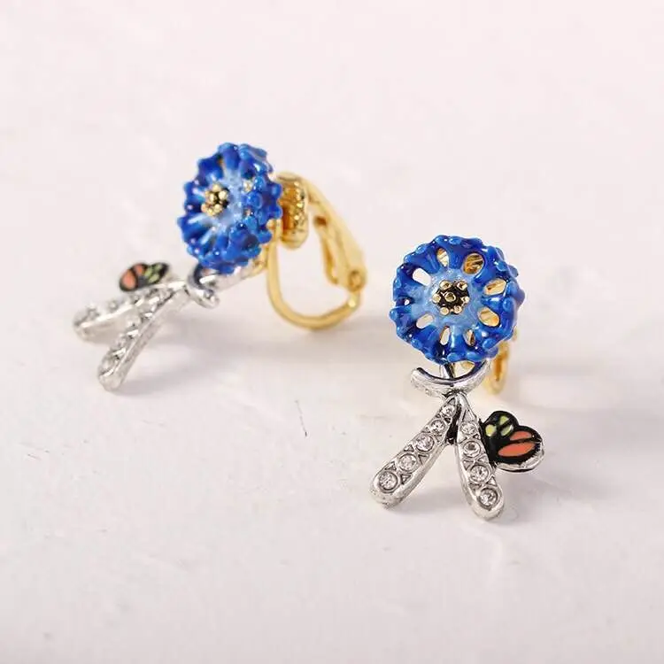 clip earring 3 Amybaby Ручной Работы Дизайнерские эмалированные глазурь синяя птица цветок висячие серьги ожерелье ювелирные изделия для вечерние - Окраска металла: clip earring 3