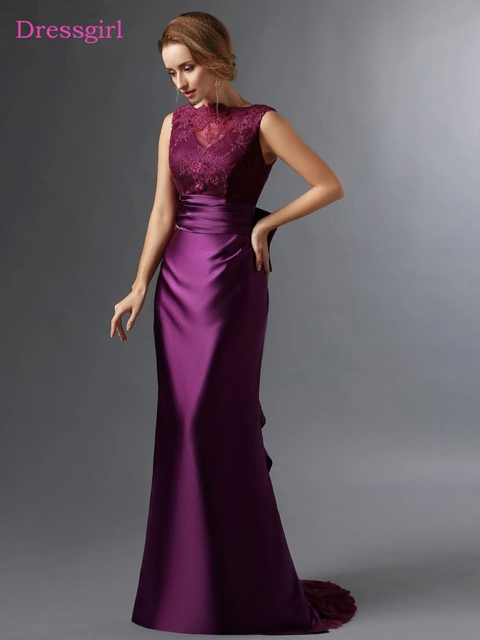 Фиолетовый Мать платье Русалка для невесты платья из сатина с кружевами и бантом