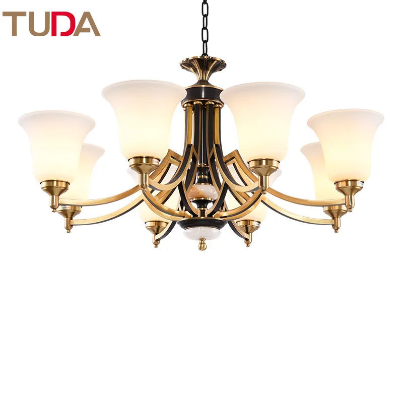 

TUDA LED Chandelier Living Room Study Frosted Glass American Jade Copper Chandelier Ceramic Chandelier E27 110V 220V