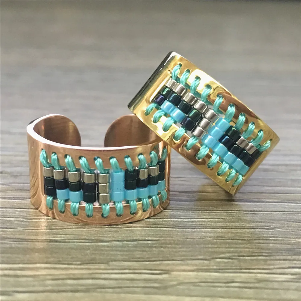 Balibali Stainless Steel Open Ring Trendy Friendship Gift for Women Seed Beads Woven Simple Style Pattern Handmade | Украшения и