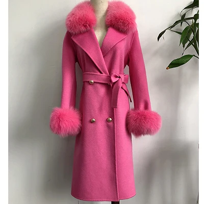 hot pink Для женщин Зимняя шерстяная одежда пальто Теплый Slim Fit Мода Повседневное Офисные женские туфли смеси женщина куртка меховой капюшон хаки плюс Размеры - Цвет: hot pink