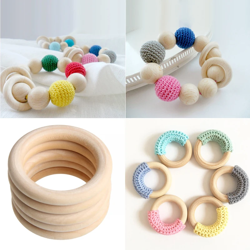Anillos de dentici&oacute;n de madera para beb&eacute;, collar de c&iacute;rculo de madera holandesa de 70mm, pulsera artesanal, Natural, cuidado bucal, seguridad, 5 uds.-1