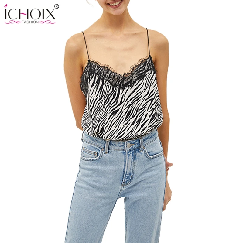 Женский топ на бретельках ICHOIX черно белый полосатый без рукавов с принтом зебры