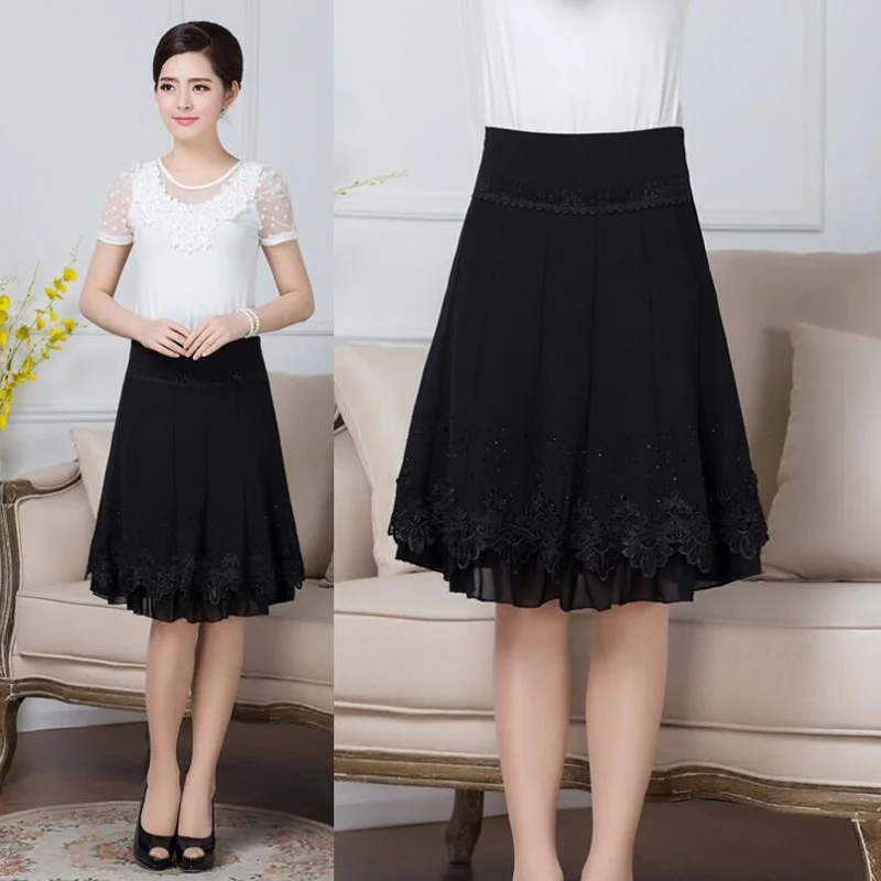 

Spring Summer Women Casual Skirt Black Pleated Skirt Female High Waist Mid Long Skirt Skirts Women S354