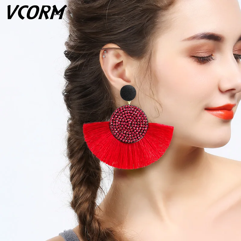 

VCORM Bohemian Tassel Big Drop Earrings for Women Fashion Jewelry Earrings Red Black Cotton Silk Fabric Fringe Earring Gift
