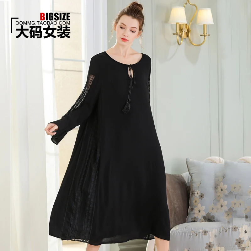 

2018 New Large Size Women's Spring Long Paragraph Black A Word Loose Was Thin Cotton and Linen Dress