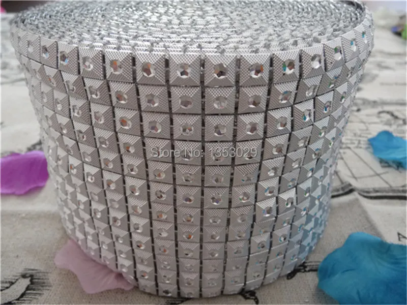 

Free Shipping 12rows 4"x 5Yards Silver Studded Diamond Mesh Wrap Rhinestone Crystal Ribbon Roll Wedding Table Centerpiece Decors